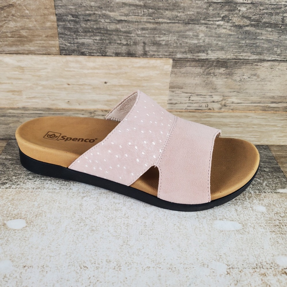 Spenco Dawn Womens Slide Sandals Sz 8.5 B Pink Ostrich Suede Leather Slip On